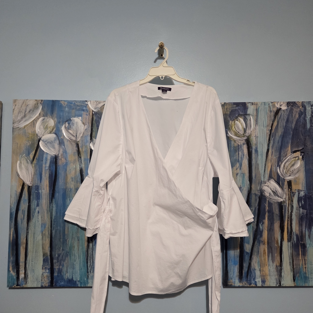 Roaman's White Wrap Front Ruffle Sleeve Blouse